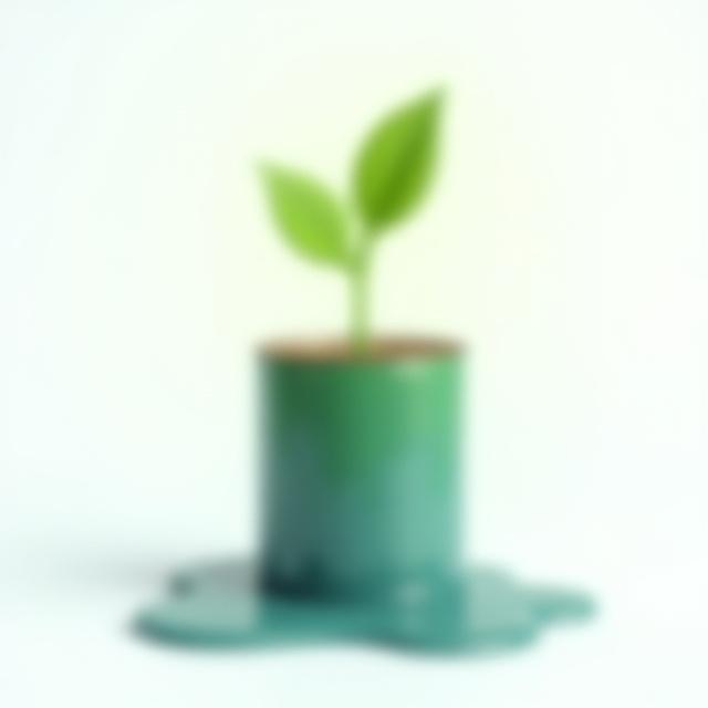 En grønn spire som vokser ut av en malingsboks, symboliserer bærekraftig produksjon og miljøansvar hos Pigment Verk.