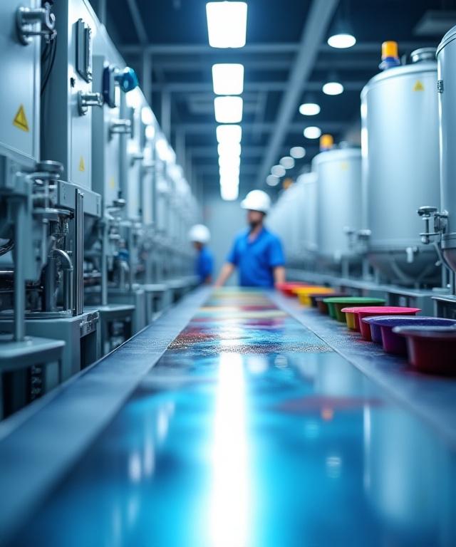 Moderne produksjonslinje hos Pigment Verk i Lillestrøm, med avansert maskineri og presisjonsarbeid.