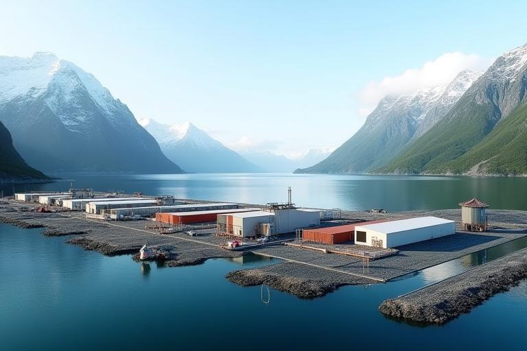 Et moderne fiskeoppdrettsanlegg i en norsk fjord, med spesialbehandlede konstruksjoner.