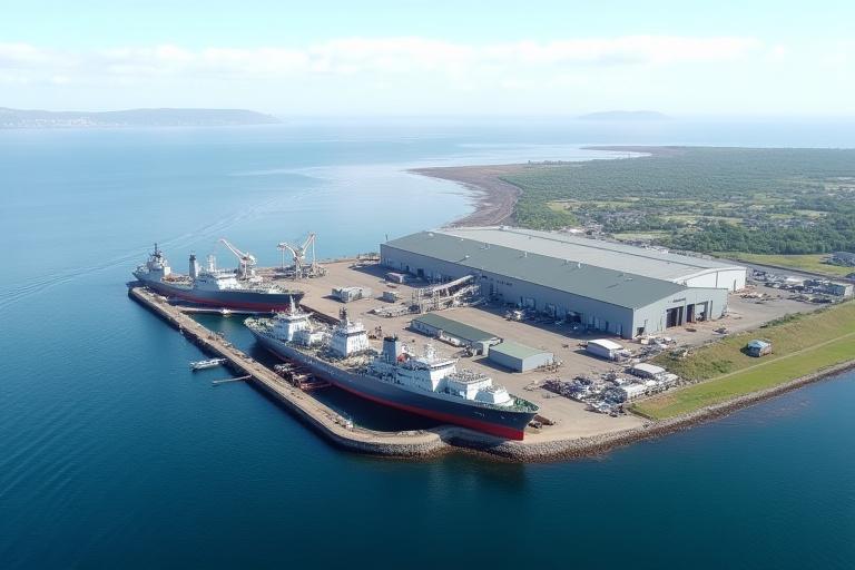 En marinebase med store skipsdokker og lagerhaller, beskyttet med værbestandige belegg.